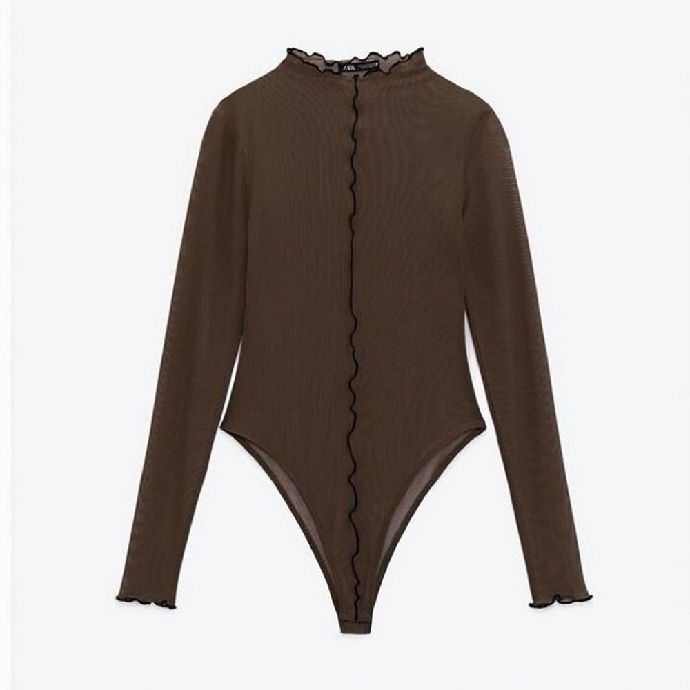 Zara Solid Tulle Mesh Long Sleeve Bodysuit NWT